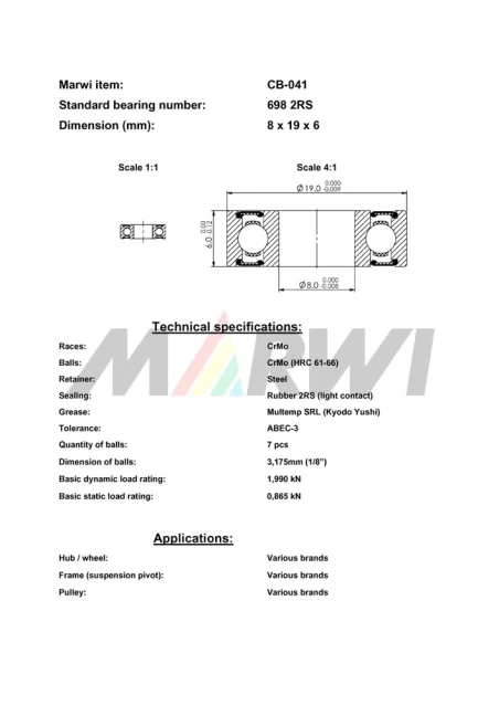CB-041 Cartridge Bearing 698