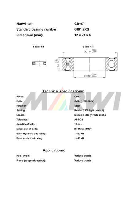 CB-071 Cartridge Bearing 6801