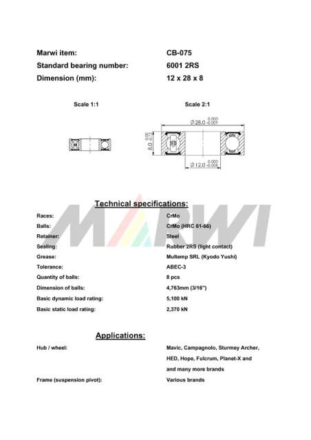 CB-075 Cartridge Bearing 6001