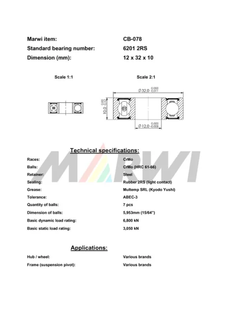 CB-078 Cartridge Bearing 6201