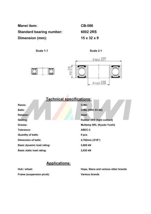 CB-086 Cartridge Bearing 6002