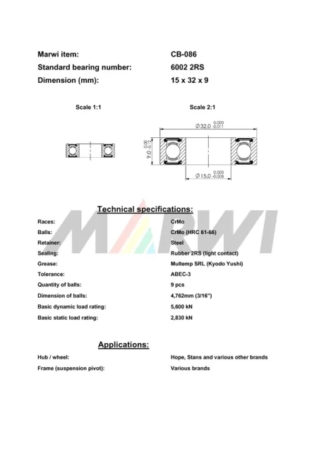 CB-086 Cartridge Bearing 6002