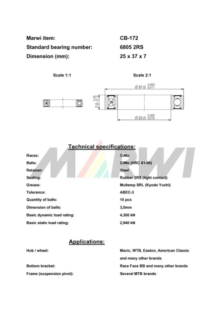 CB-172 Cartridge Bearing 6805