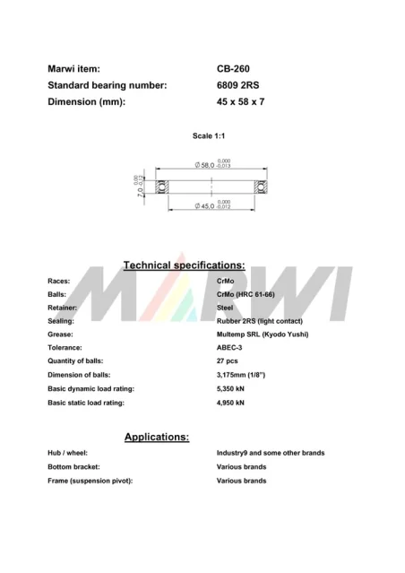 CB-260 Cartridge Bearing 6809