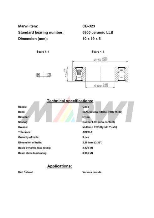 CB-323 Cartridge Bearing Ceramic 6800