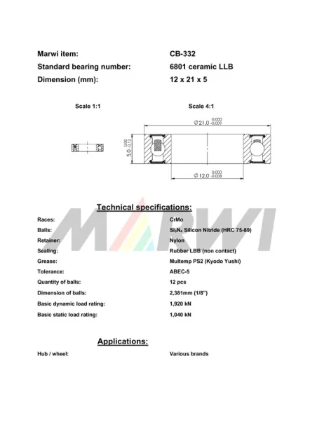 CB-332 Cartridge Bearing Ceramic 6801
