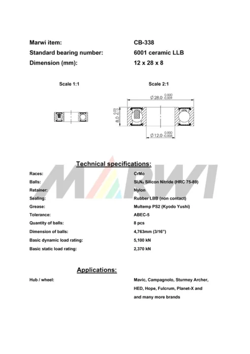 CB-338 Cartridge Bearing Ceramic 6001