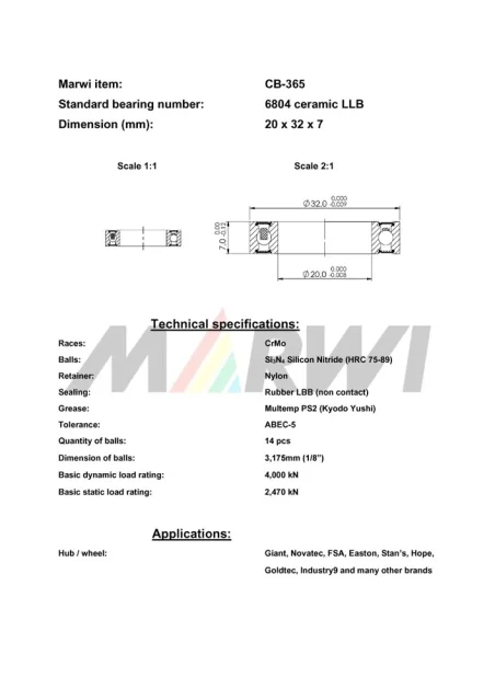 CB-365 Cartridge Bearing Ceramic 6804