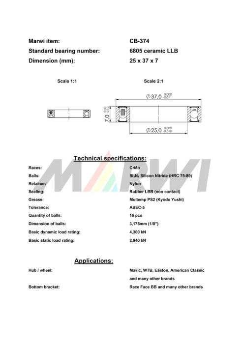 CB-374 Cartridge Bearing Ceramic 6805
