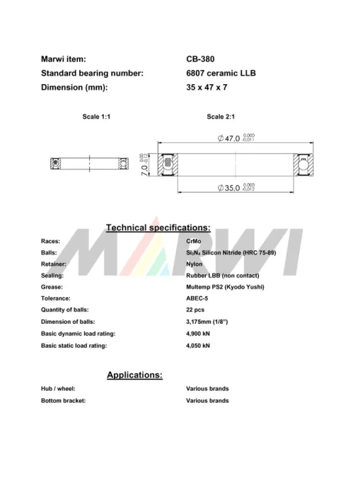 CB-380 Cartridge Bearing Ceramic 6807