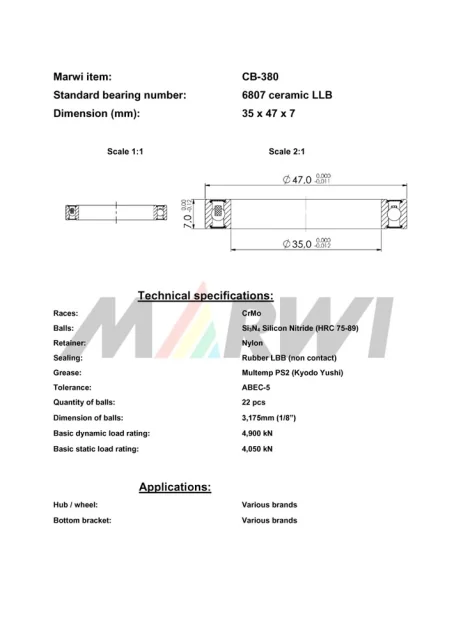 CB-380 Cartridge Bearing Ceramic 6807