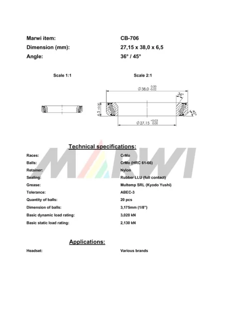 CB-706 Headset Bearing 36°/45°