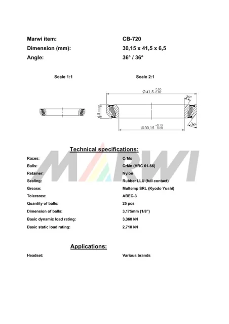 CB-720 Headset Bearing 36°/45°