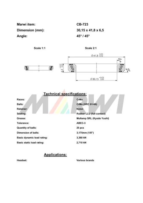 CB-723 Headset Bearing 45°/45°