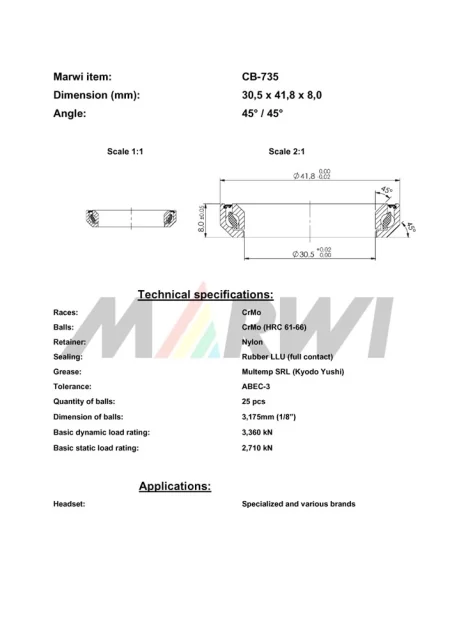 CB-735 Headset Bearing 45°/45°