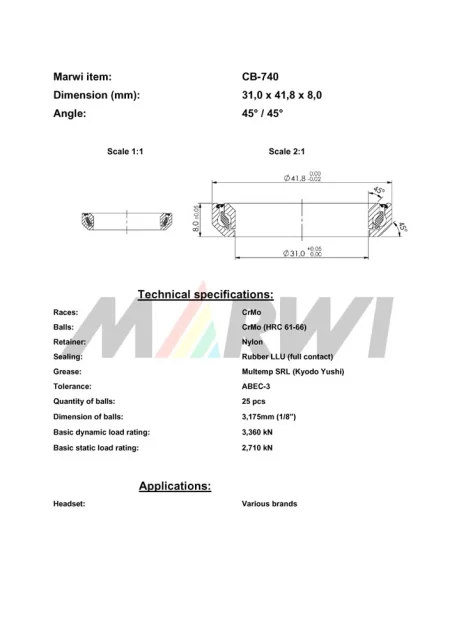 CB-740 Headset Bearing 45°/45°