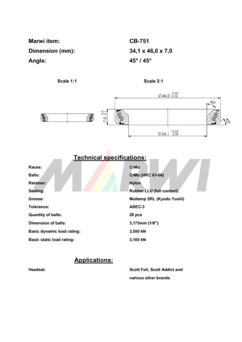 CB-751 Headset Bearing 45°/45°