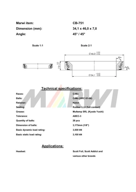 CB-751 Headset Bearing 45°/45°