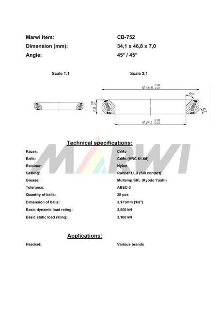 CB-752 Headset Bearing 45°/45°