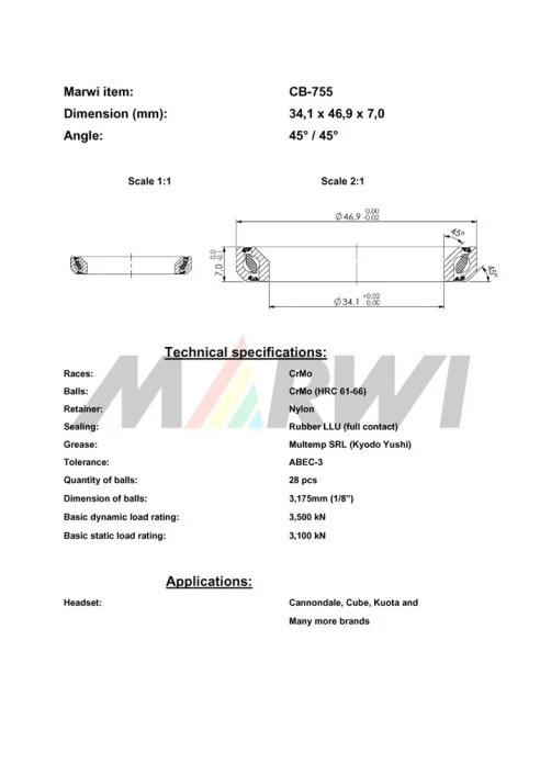 CB-755 Headset Bearing 45°/45°