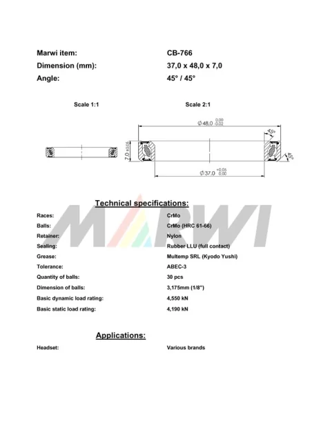 CB-766 Headset Bearing 45°/45°