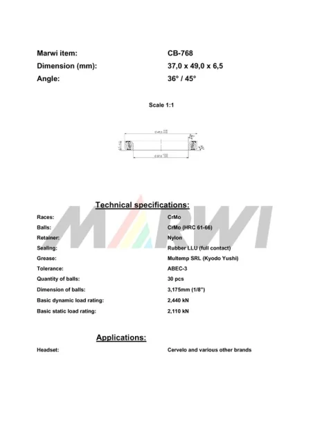 CB-768 Headset Bearing 36°/45°