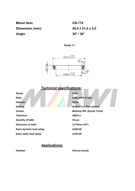 CB-774 Headset Bearing 36°/36°