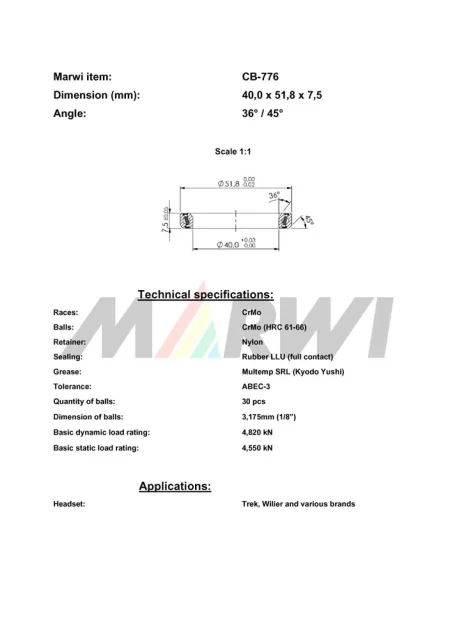 CB-776 Headset Bearing 36°/45°
