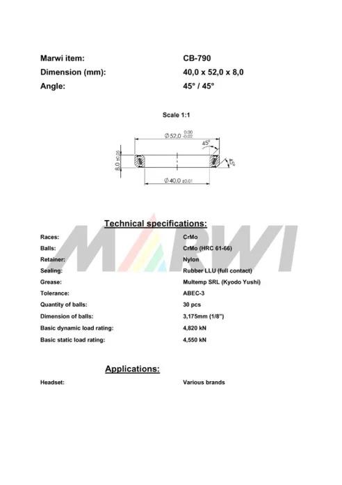 CB-790 Headset Bearing 45°/45°