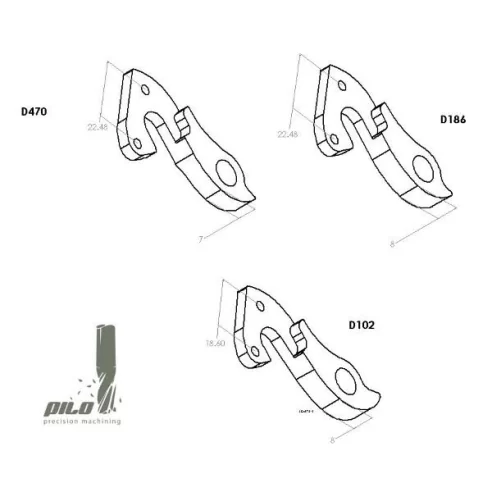 Pilo D102 derailleur hanger for Jamis, Carrera, Isaac, Vitus, Author, Norco, Fuji, Thompson, Olympia bikes