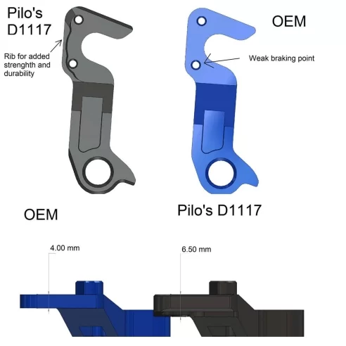 GT Pilo D1117 Derailleur Hanger for Karakoram, Helion, Zaskar, XIZANG, Edge Ti, Corsa vs OEM Diagram