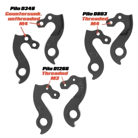 Bianchi C1355408 Derailleur Hanger difference between Pilo D1266 m3 threaded screw holes vs. D803 M4 threaded screw holes vs. D346 M4 countersunk, unthreaded screw holes
