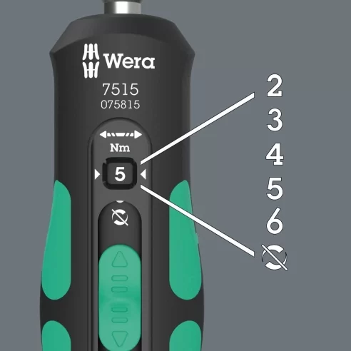 Wera 7515/7 Kraftform Safe-Torque Speed Bicycle 1, 7 pieces - 05075850001. Five selectable tightening torques (2.0; 3.0; 4.0; 5.0; 6.0 Nm) and one fixed position (Torque Lock) for unlimited tightening and loosening moments.