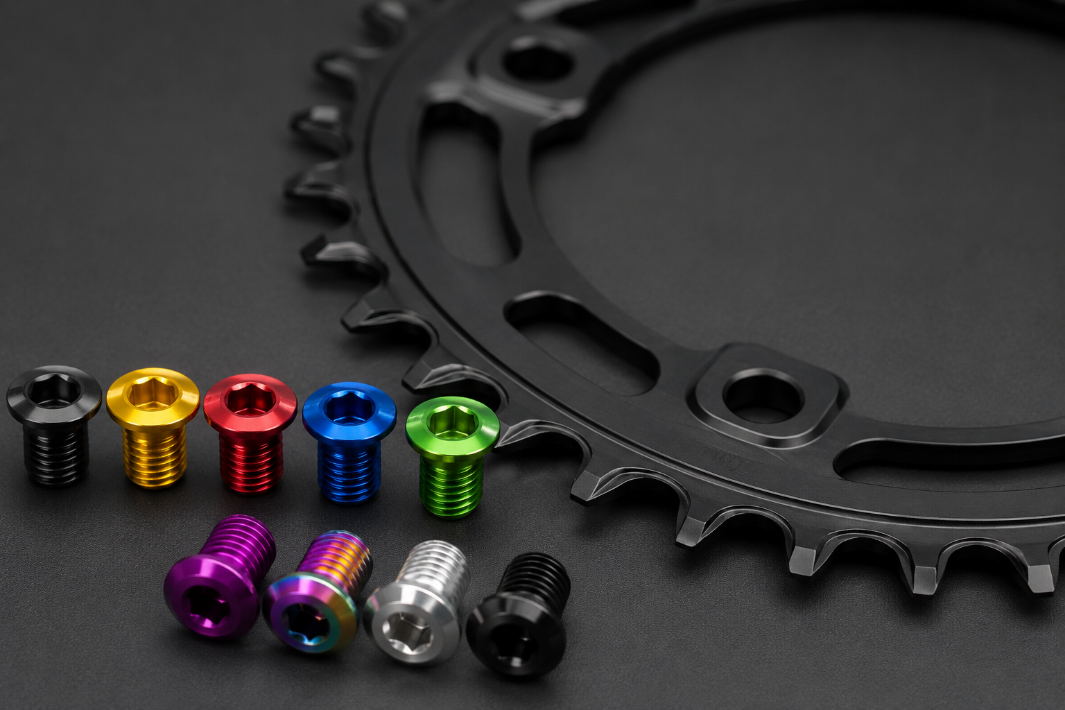 Colored bicycle chainring bolts used to secure a chainring to the crankset