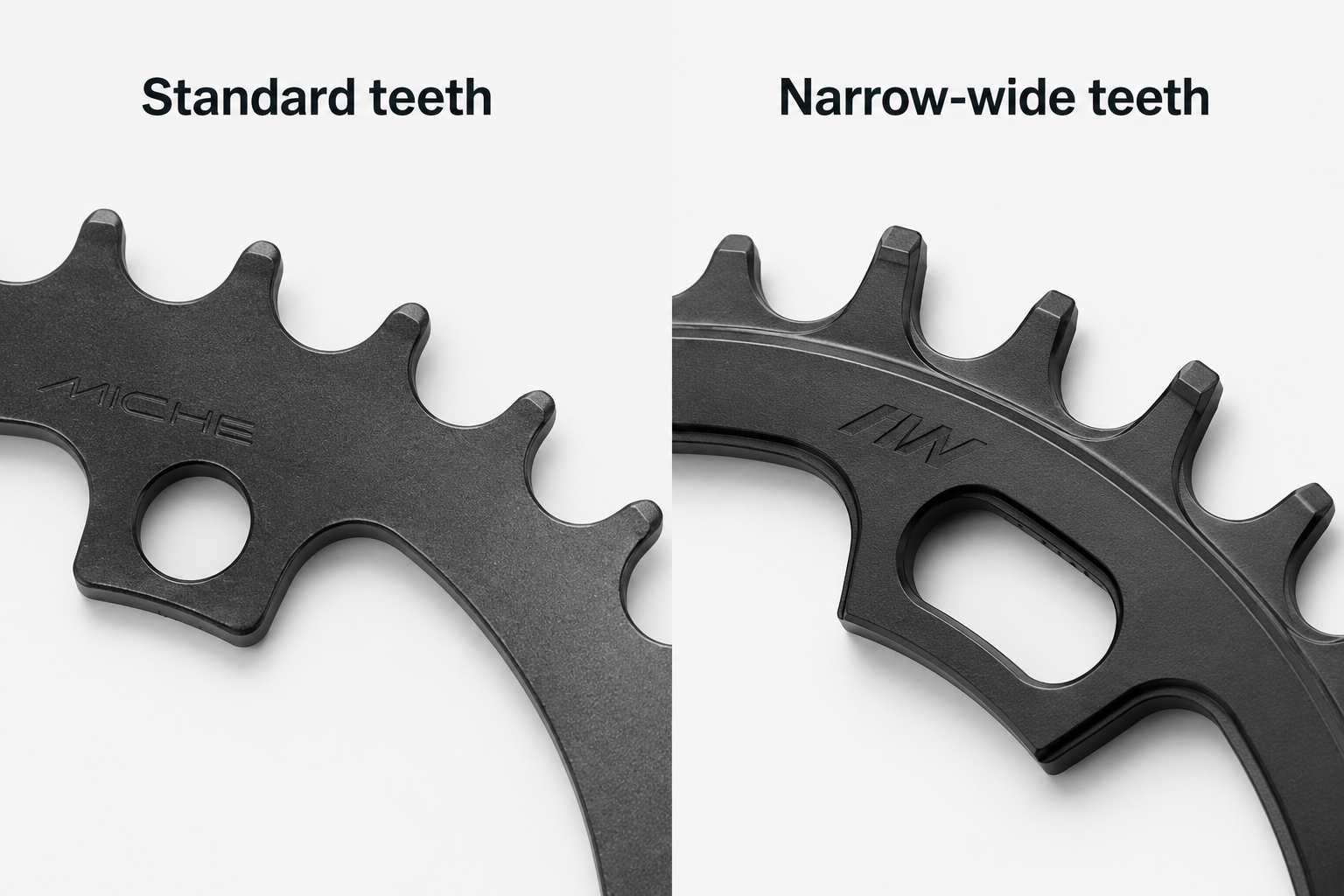 Close up of narrow-wide chainring teeth compared with standard chainring teeth